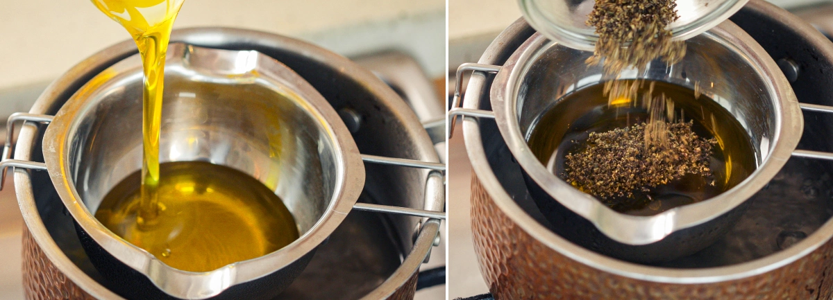 Extracción de cannabis en aceite de oliva al baño maría Aceite de oliva calentándose al baño maría mientras se añade cannabis descarboxilado para la extracción.