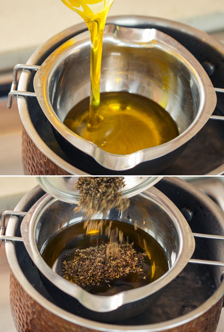 Extracción de cannabis en aceite de oliva al baño maría Aceite de oliva calentándose al baño maría mientras se añade cannabis descarboxilado para la extracción.