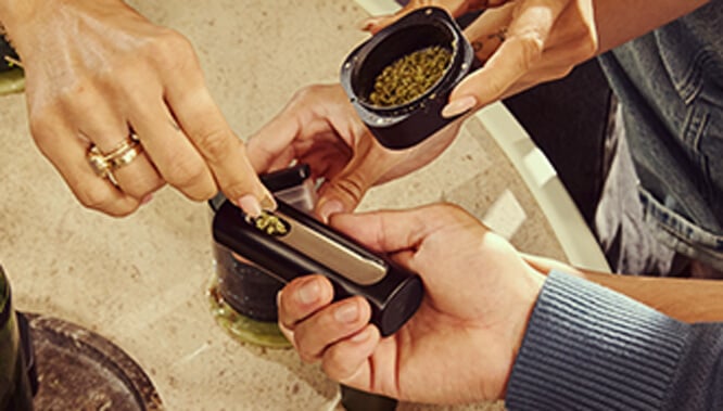 Una mano rellenando la cámara del vaporizador Pax Flow con cannabis molido fresco usando una pequeña cuchara de un grinder, colocado sobre una mesa de mármol para una recarga precisa.