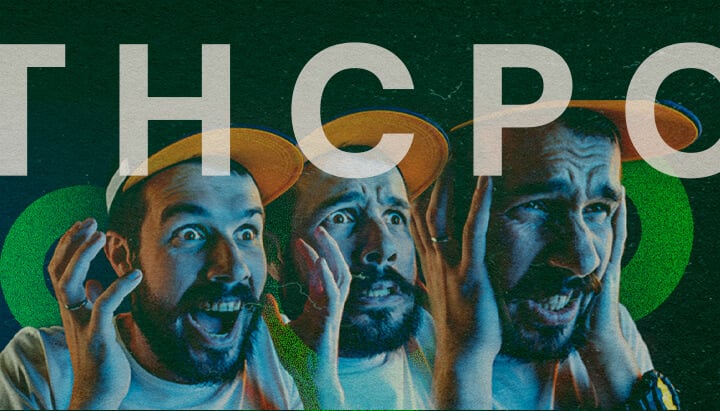 Entiende los Riesgos y Efectos Secundarios del THCPO con Esta Ilustración Expresiva Dramática Imagen dinámica de tres hombres expresivos con rostros sorprendidos usando sombreros amarillos, superpuesta con el texto