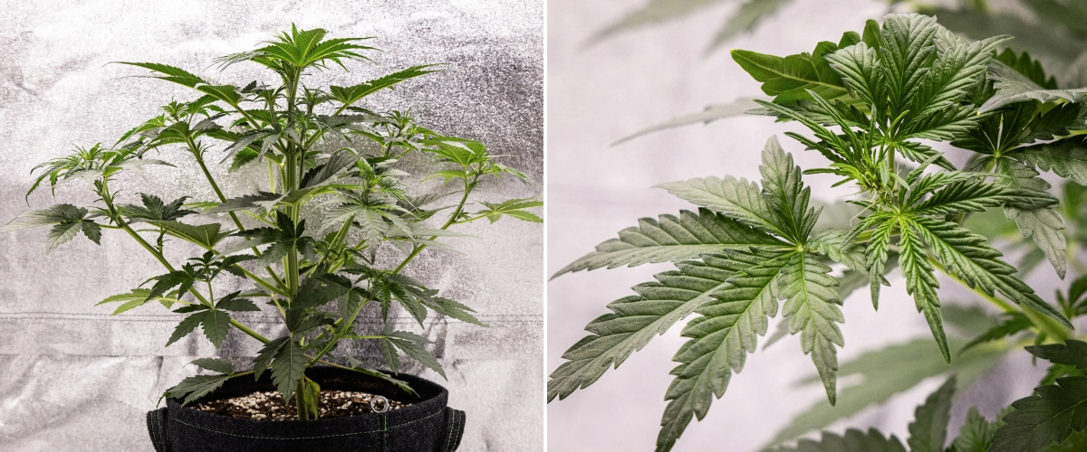 Grow report de Royal Creamatic: semana 4, inicio de floración Planta de cannabis Royal Creamatic en la semana 4, mostrando el inicio de la floración, follaje verde saludable, pistilos frescos y un fuerte desarrollo de ramas.