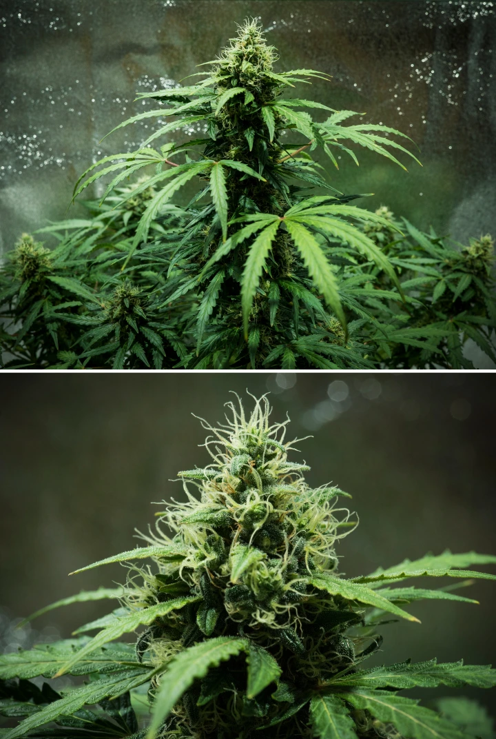 Planta de cannabis Royal Dwarf en la semana 7, mostrando cogollos densos y pegajosos, pistilos blancos, flores resinosas y follaje verde saludable.