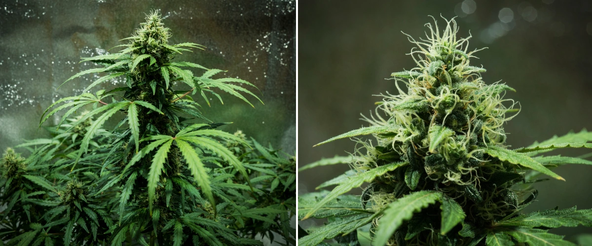 Planta de cannabis Royal Dwarf en la semana 7, mostrando cogollos densos y pegajosos, pistilos blancos, flores resinosas y follaje verde saludable.