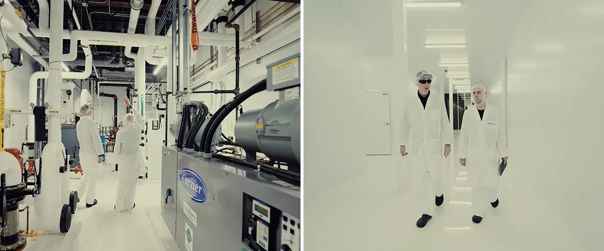 Cultivo de Cannabis CRIC Labs en Invierno Canadiense Guía Una ilustración de Max acercándose a CRIC Labs en un invierno canadiense nevado, contrastando con una sala de cultivo interior de alta tecnología con híbridos de cannabis, iluminación avanzada y control climático, sobre un fondo verde.