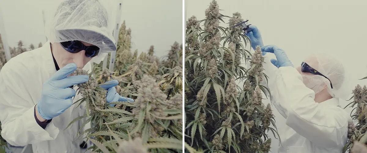 Guía de Potencia de Cannabis Orion Medusa F1 CRIC Labs Una ilustración de plantas de cannabis Orion F1 y Medusa F1 con trichomas densos en una sala de cultivo de CRIC Labs, destacando perfiles de terpenos potentes y estructura robusta, sobre un fondo verde.