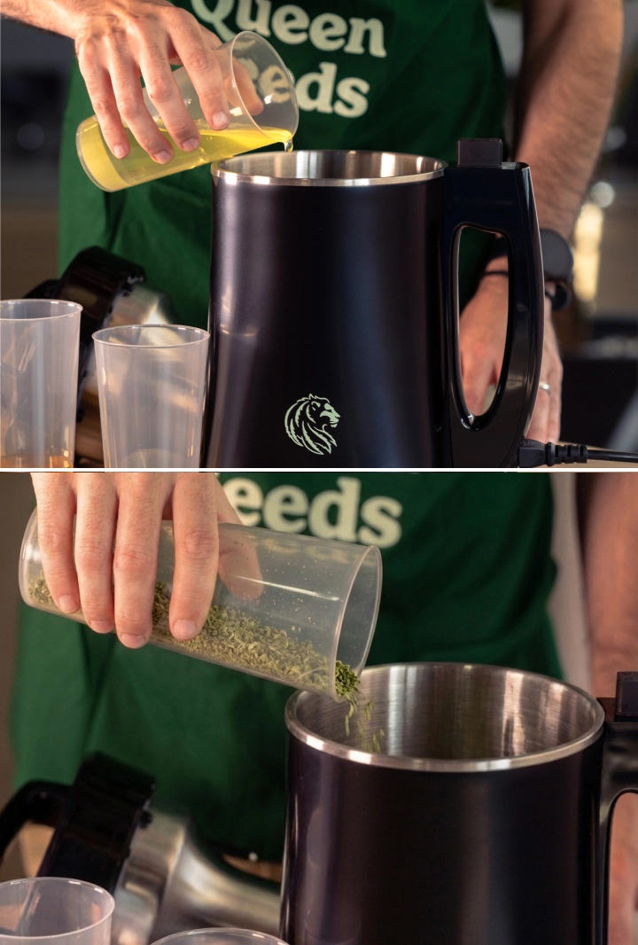 Aprende a preparar y descarboxilar el cannabis, y luego a añadirlo con aceites naturales a un infusor para obtener una infusión de aceite de cannabis homogénea.