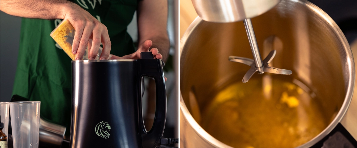 Aprende a añadir cera de abeja al aceite de cannabis tibio y mezclarlo bien para crear un bálsamo natural de cannabis.