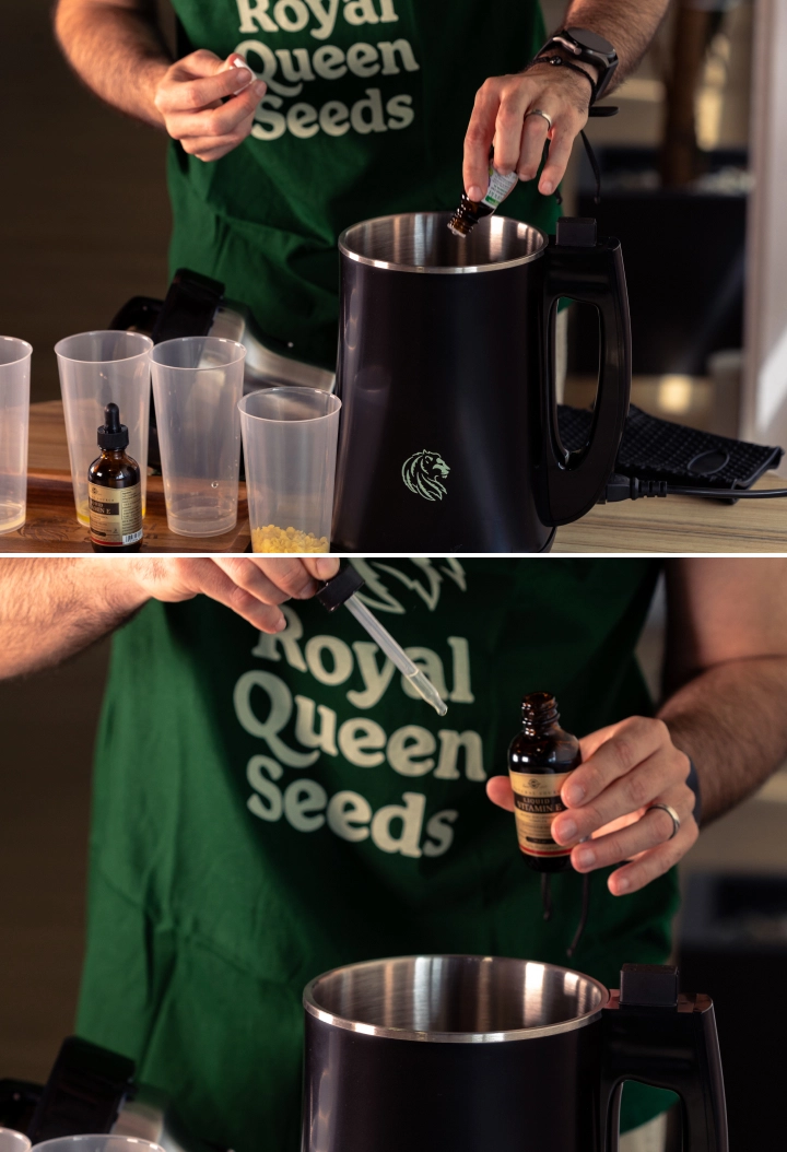 Aprende a añadir lavanda y vitamina E a tu mezcla de bálsamo de cannabis para obtener una preparación final natural y homogénea.