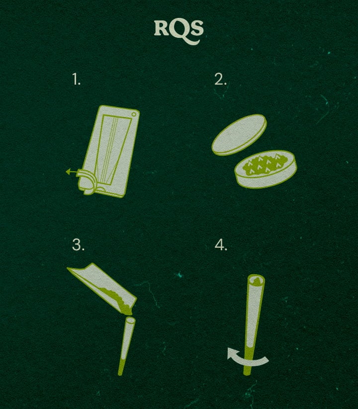 Cómo Rellenar un Cono Preliado de Marihuana Ilustración del proceso de rellenar un cono preliado de marihuana, diseño verde y blanco en fondo oscuro por RQS.