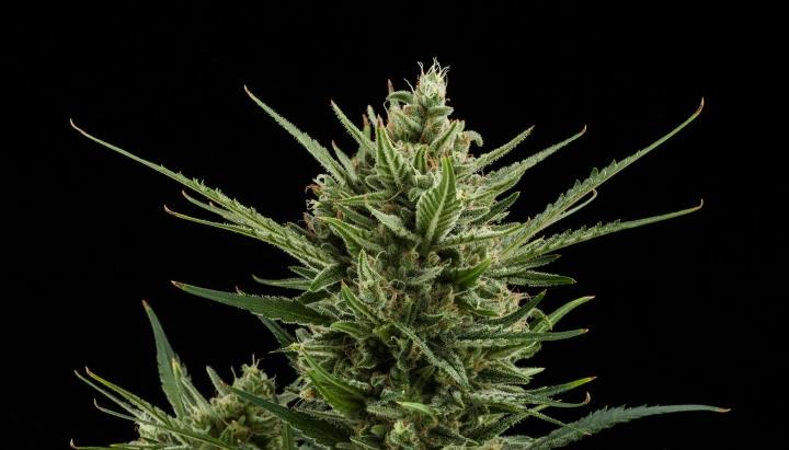 Cogollo de cannabis Sweet Skunk Auto con flores densas y resinosas, hojas de azúcar verdes, pistilos naranjas y crecimiento compacto sobre un fondo oscuro.