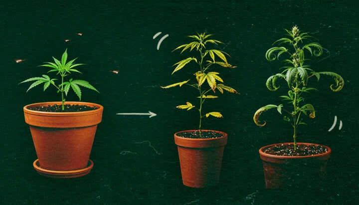 Síntomas de CCYV en plantas de cannabis Tres plantas de cannabis en maceta mostrando síntomas de CCYV con hojas amarillentas y rizadas en fondo verde.