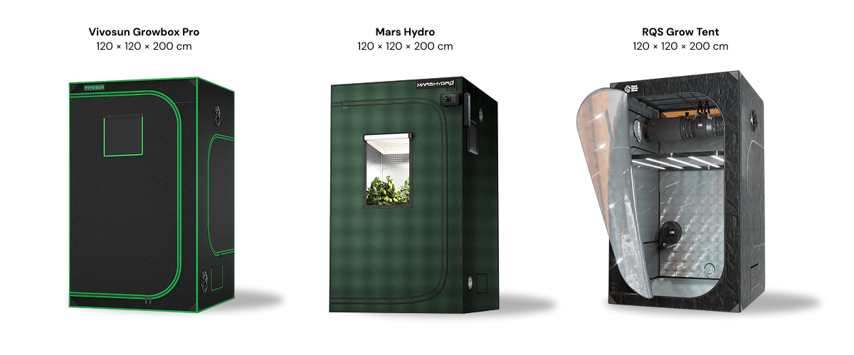 Tres armarios de cultivo de 120 × 120 × 200 cm mostrados uno al lado del otro: Vivosun Growbox Pro, Mars Hydro y RQS Grow Tent