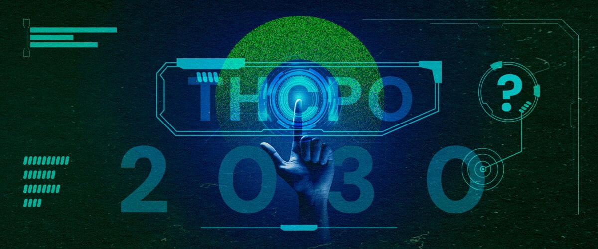 Sumérgete en el Futuro de las Tendencias y la Investigación de THCPO con Esta Ilustración Holográfica de Alta Tecnología Imagen futurista de una mano presionando un botón holográfico