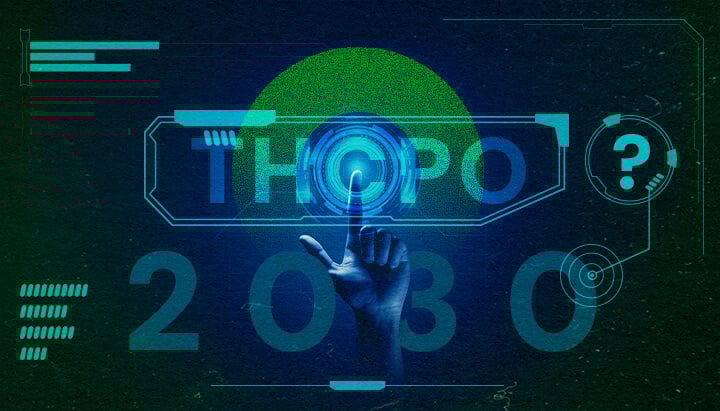 Sumérgete en el Futuro de las Tendencias y la Investigación de THCPO con Esta Ilustración Holográfica de Alta Tecnología Imagen futurista de una mano presionando un botón holográfico