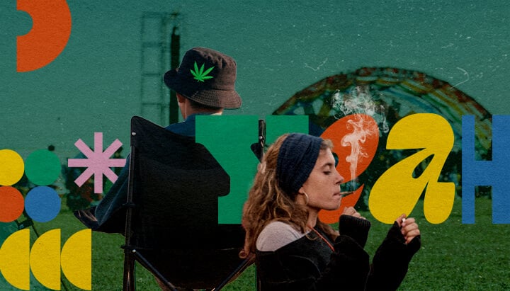 Mejores Festivales Musicales Amigables con la Marihuana 2025 Una persona fumando un joint en un festival musical amigable con la marihuana en 2025, sentada en una silla con otra persona de fondo, sobre un fondo colorido de formas geométricas verdes, naranjas y amarillas y un sombrero con hoja de cannabis.