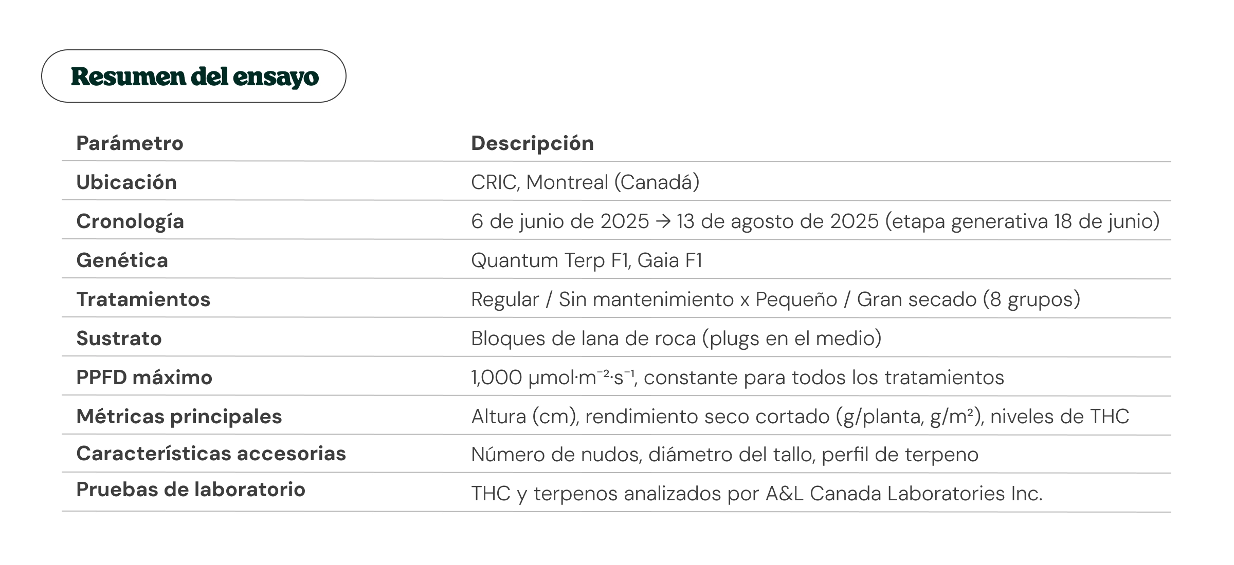 Tabla resumen de un ensayo de cultivo de cannabis en Montreal, mostrando ubicación, calendario, genética, tratamientos, sustrato, PPFD, métricas principales, rasgos secundarios y detalles de las pruebas de laboratorio.