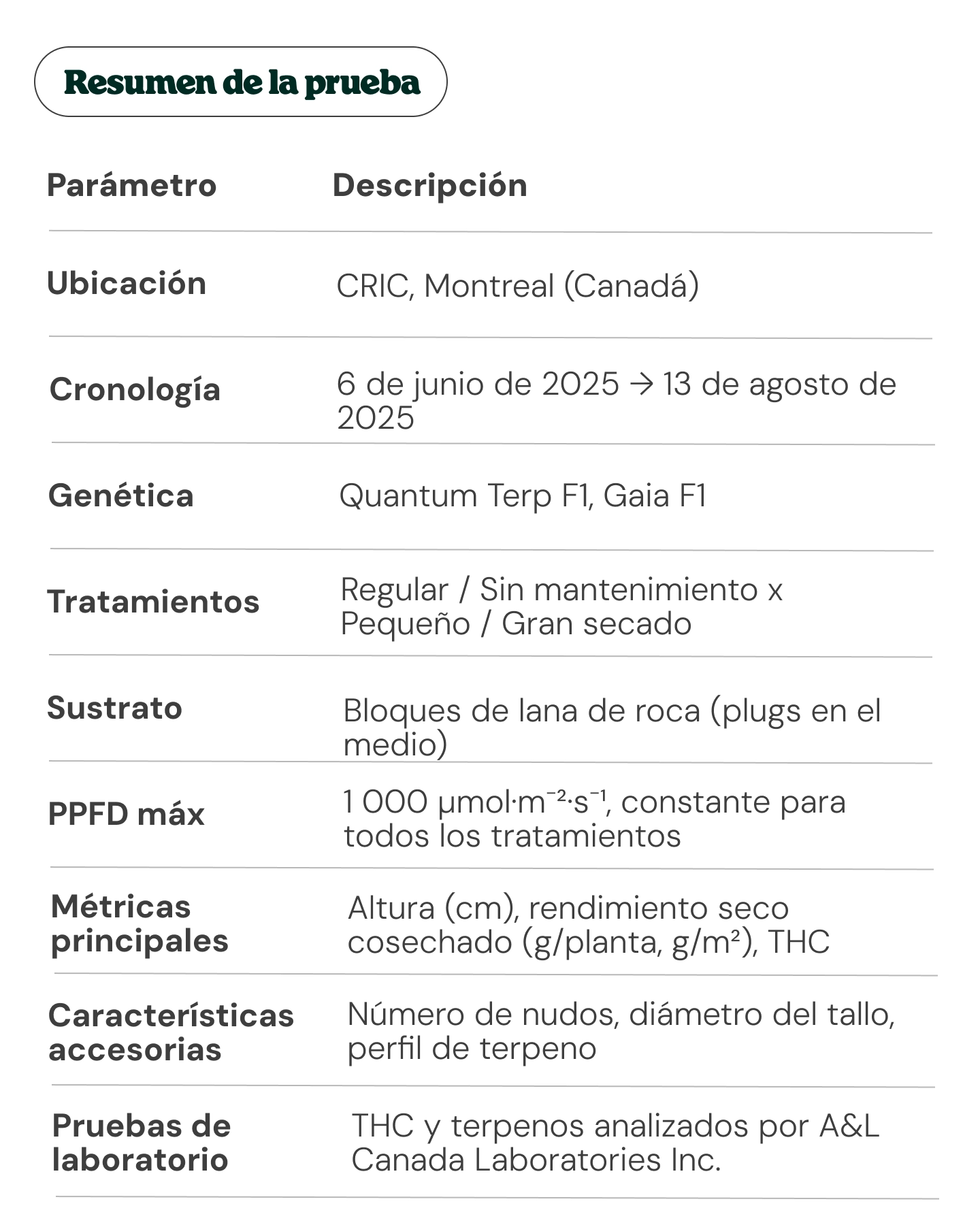 Tabla resumen de un ensayo de cultivo de cannabis en Montreal, mostrando ubicación, calendario, genética, tratamientos, sustrato, PPFD, métricas principales, rasgos secundarios y detalles de las pruebas de laboratorio.