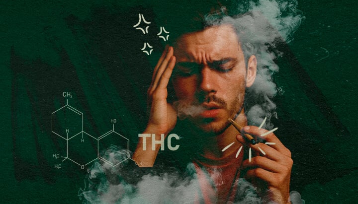Comprender la Tolerancia al Cannabis y los Efectos del THC Hombre fumando cannabis ilustrando los efectos del THC y posibles efectos secundarios como mareos, relevante para la tolerancia al cannabis y los descansos de tolerancia.
