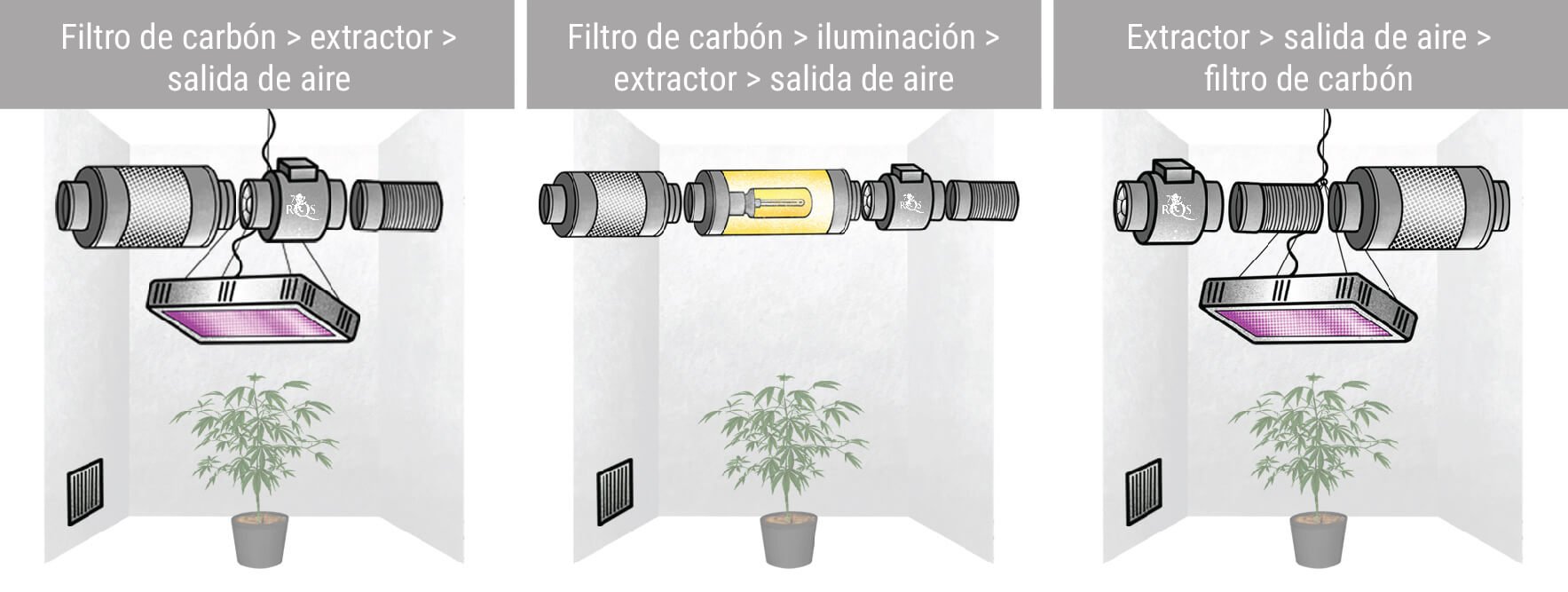 Diferentes configuraciones con extractores y filtros de carbón