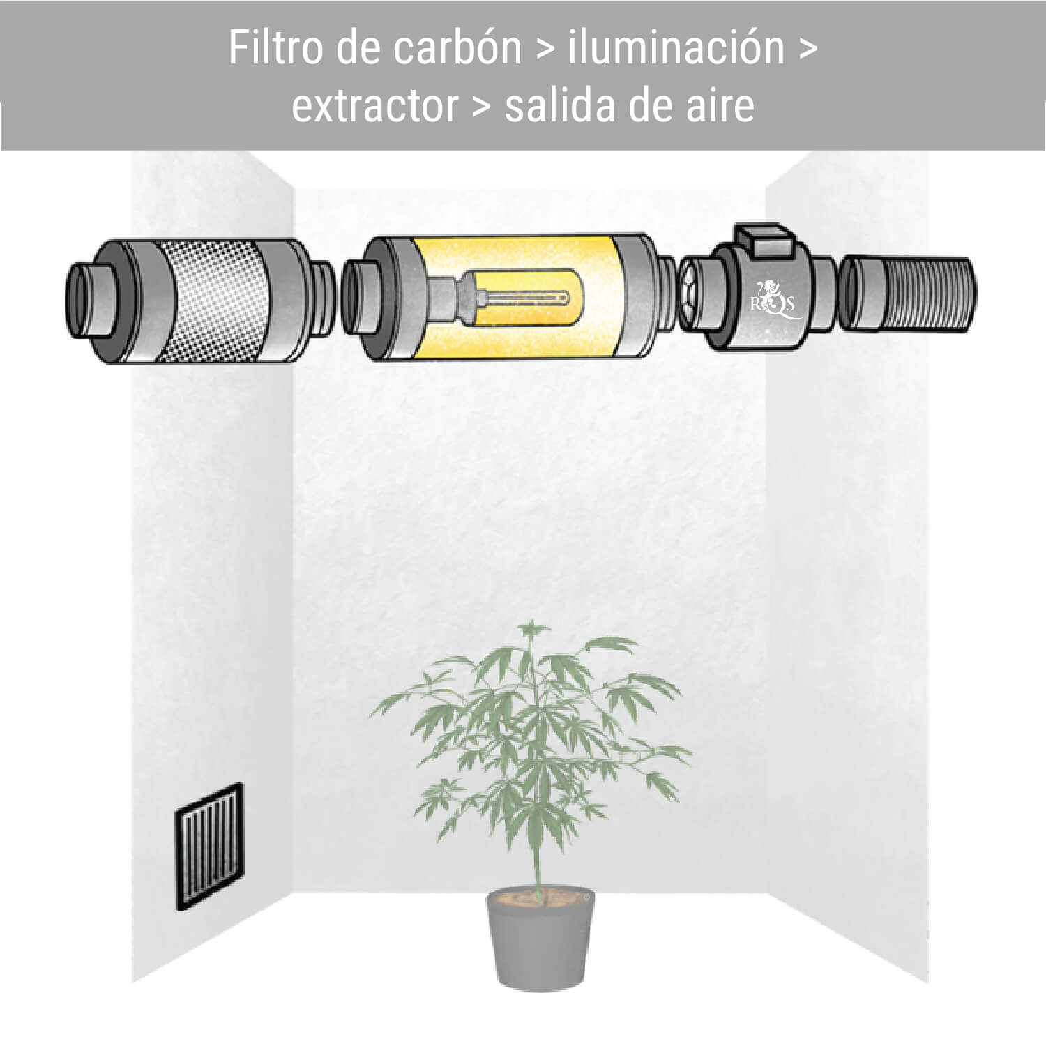 Filtro de carbón > iluminación > extractor > salida de aire Filtro de carbón > iluminación > extractor > salida de aire
