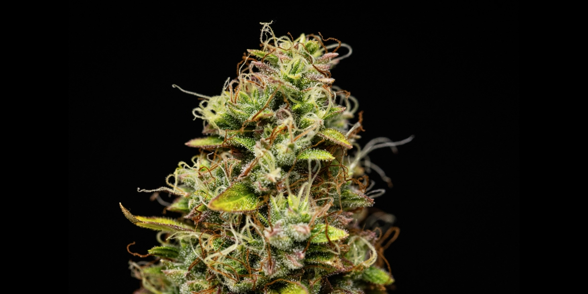 Cogollo de cannabis Wedding Cake Auto con flores densas y resinosas, pistilos naranjas, hojas de azúcar verdes y crecimiento compacto sobre un fondo oscuro.