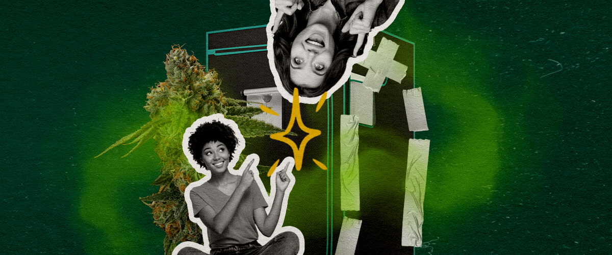 ¿Qué Hace Realmente a una Tienda de Cultivo Neutralice al Olor Cannabis? Una ilustración de cogollos de cannabis con dos mujeres y una tienda de cultivo sellada con cinta adhesiva, sobre un fondo verde, explorando qué hace a una tienda de cultivo impermeable al olor.