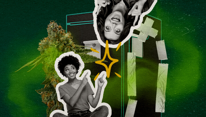 ¿Qué Hace Realmente a una Tienda de Cultivo Neutralice al Olor Cannabis? Una ilustración de cogollos de cannabis con dos mujeres y una tienda de cultivo sellada con cinta adhesiva, sobre un fondo verde, explorando qué hace a una tienda de cultivo impermeable al olor.