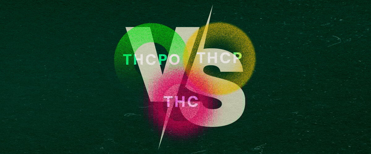 Descubre las Diferencias entre THCPO, THCP y THC con este Gráfico de Comparación Vibrante Gráfico colorido que compara THCPO, THCP y THC con texto en negrita y tonos vibrantes verdes, rosados y amarillos sobre un fondo verde oscuro, perfecto para artículos de comparación de cannabis.