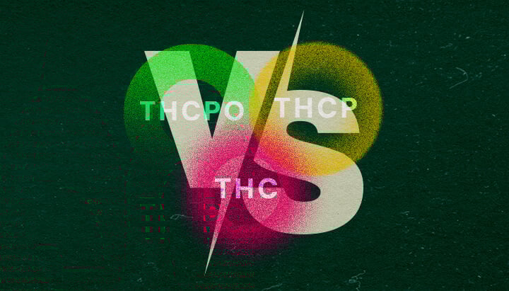 Descubre las Diferencias entre THCPO, THCP y THC con este Gráfico de Comparación Vibrante Gráfico colorido que compara THCPO, THCP y THC con texto en negrita y tonos vibrantes verdes, rosados y amarillos sobre un fondo verde oscuro, perfecto para artículos de comparación de cannabis.