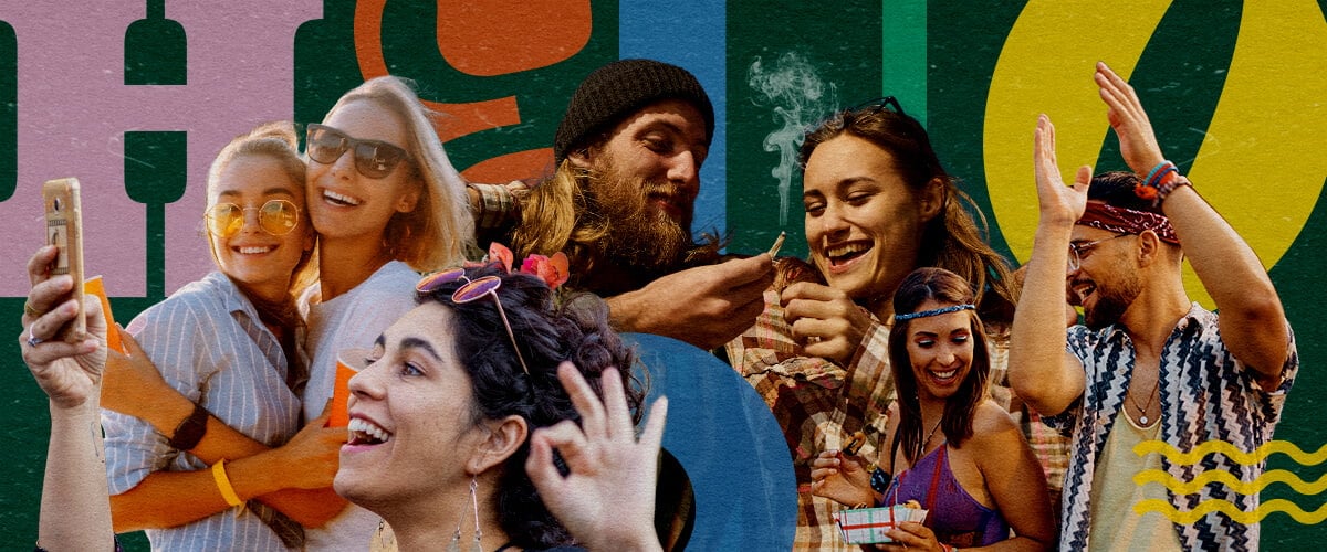 Escena Vibrante de un Festival Musical Amigable con la Marihuana Grupo de amigos en un festival musical amigable con la marihuana, sonriendo, tomando selfies, bailando y compartiendo un joint, con un fondo colorido de formas geométricas verdes, amarillas y azules, capturando la atmósfera festiva.