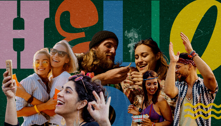 Escena Vibrante de un Festival Musical Amigable con la Marihuana Grupo de amigos en un festival musical amigable con la marihuana, sonriendo, tomando selfies, bailando y compartiendo un joint, con un fondo colorido de formas geométricas verdes, amarillas y azules, capturando la atmósfera festiva.
