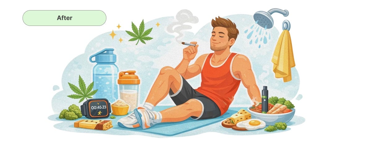 Ilustración de un corredor relajándose con cannabis después del entrenamiento, mostrando comida, hidratación, ducha y elementos de recuperación