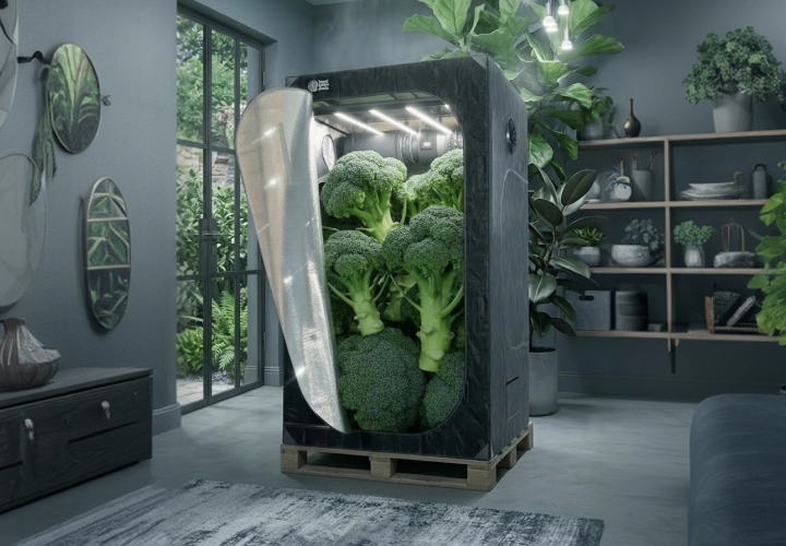 Instalación moderna de cultivo indoor con armario de cultivo, iluminación y ventilación controladas que representa kits completos de cultivo y equipos esenciales para cultivo en interior