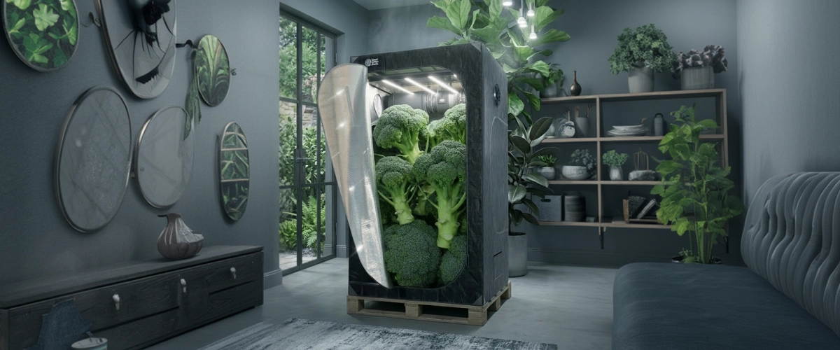 Instalación moderna de cultivo indoor con armario de cultivo, iluminación y ventilación controladas que representa kits completos de cultivo y equipos esenciales para cultivo en interior