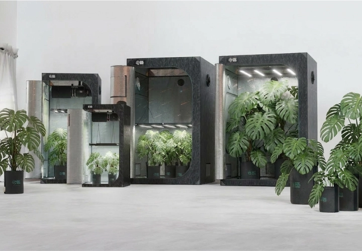 Armarios de cultivo indoor junto a grow bags y contenedores en un setup moderno que optimiza el drenaje, la aireación de las raíces y el uso eficiente del agua
