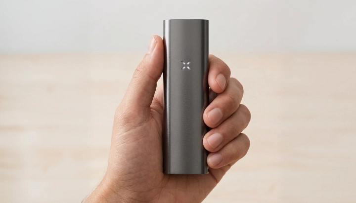 Vista de producto del vaporizador PAX Four en la mano Vaporizador PAX Four sostenido en una mano, mostrando su cuerpo fino y mate, su tamaño compacto y el indicador LED en forma de pétalos en la parte frontal