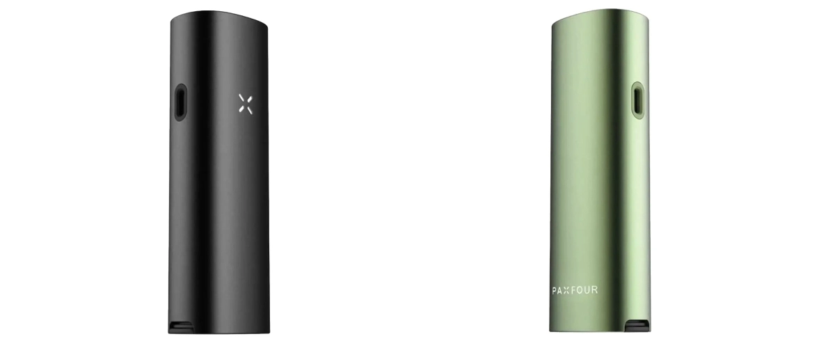 Opciones de color del vaporizador PAX Four en negro y verde Vaporizadores PAX Four negro y verde mostrados uno al lado del otro, destacando su diseño fino y compacto, el indicador LED en forma de pétalos, el puerto de carga lateral y las opciones de color