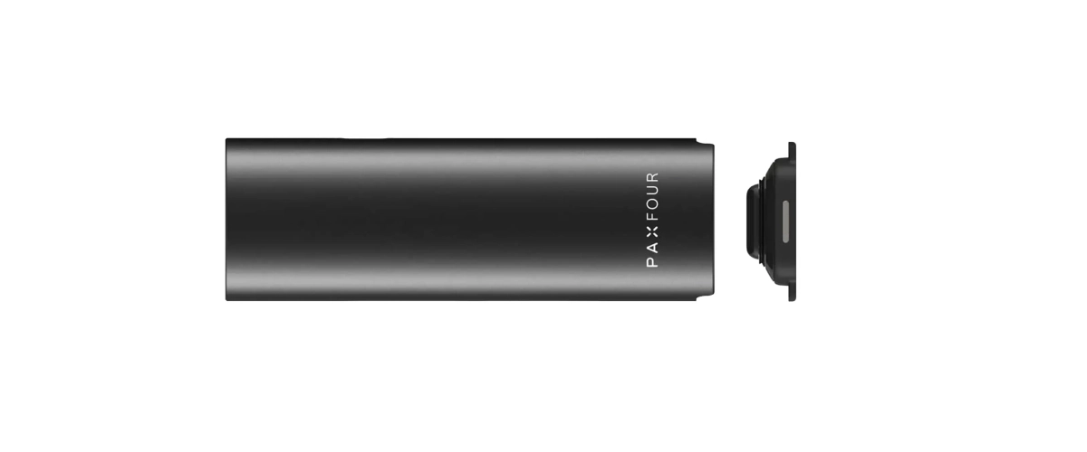 Vaporizador PAX Four con la tapa del horno retirada Vaporizador PAX Four negro mostrado en horizontal con la tapa del horno retirada, destacando su cuerpo compacto y la cámara inferior desmontable