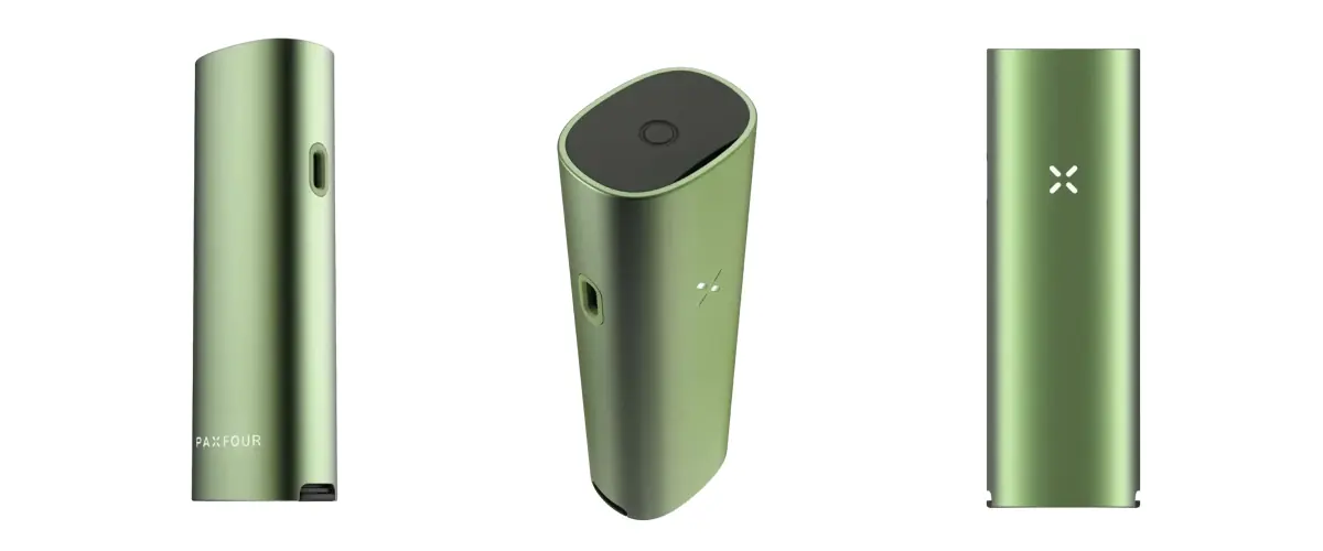 Vista de producto del vaporizador verde PAX Four Vaporizador PAX Four verde mostrado desde varios ángulos, destacando su diseño fino, boquilla, botón de encendido, indicador LED en forma de pétalos y cuerpo compacto