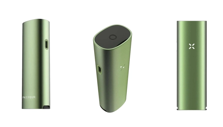 Vista de producto del vaporizador verde PAX Four Vaporizador PAX Four verde mostrado desde varios ángulos, destacando su diseño fino, boquilla, botón de encendido, indicador LED en forma de pétalos y cuerpo compacto