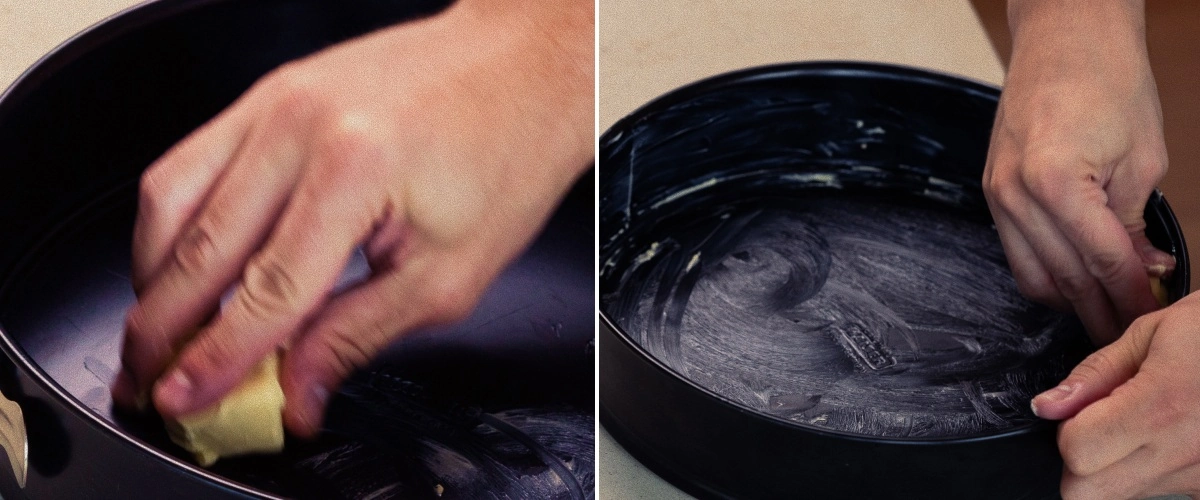 Engrasando un molde desmontable con mantequilla, primer paso para hornear un space cake casero con cannabis