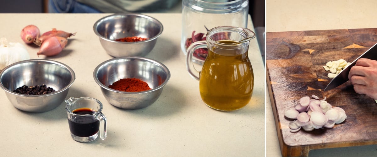 Paso 1: Preparar los Ingredientes para el Aceite de Oliva con Chile y Cannabis Preparando los ingredientes para aceite de oliva con chile infusionado con cannabis, incluyendo aceite de oliva, copos de chile, especias y cortando ajo y chalotas sobre una tabla de madera