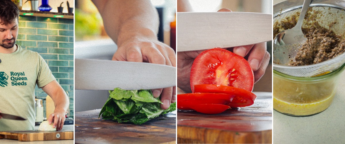 Preparando los ingredientes de la hamburguesa cortando el tomate, la lechuga, formando la carne picada y calentando el pan infusionado, primer paso para hacer una hamburguesa con cannabis