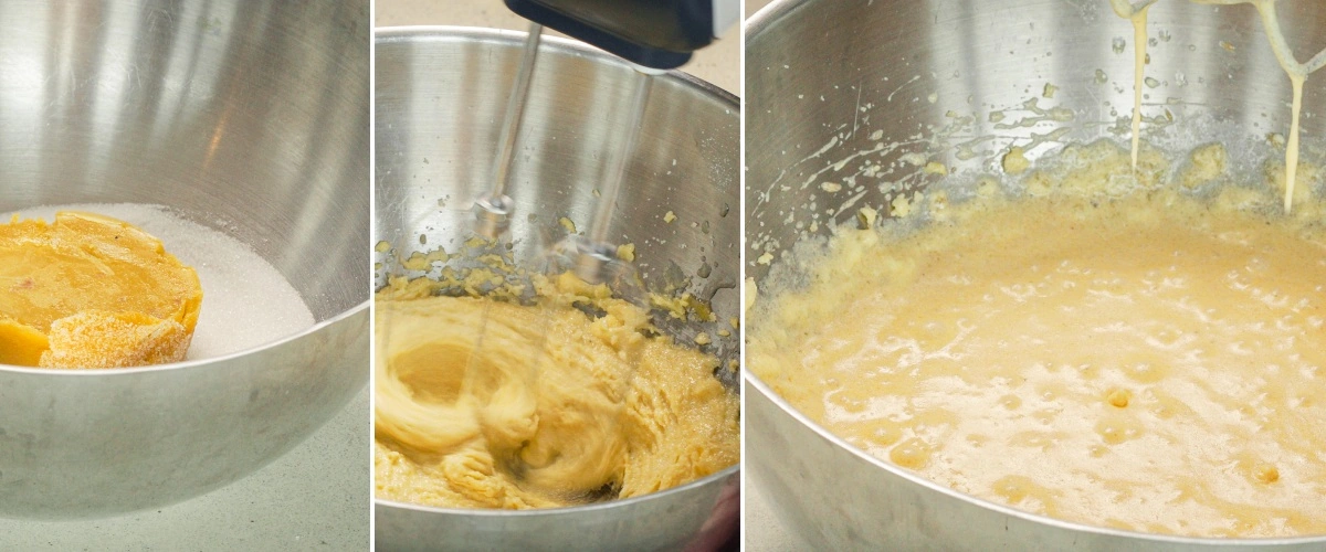 Mezclando masa de pastel de chocolate con mantequilla, azúcar, huevos, cacao y leche, segundo paso para un space cake con cannabis