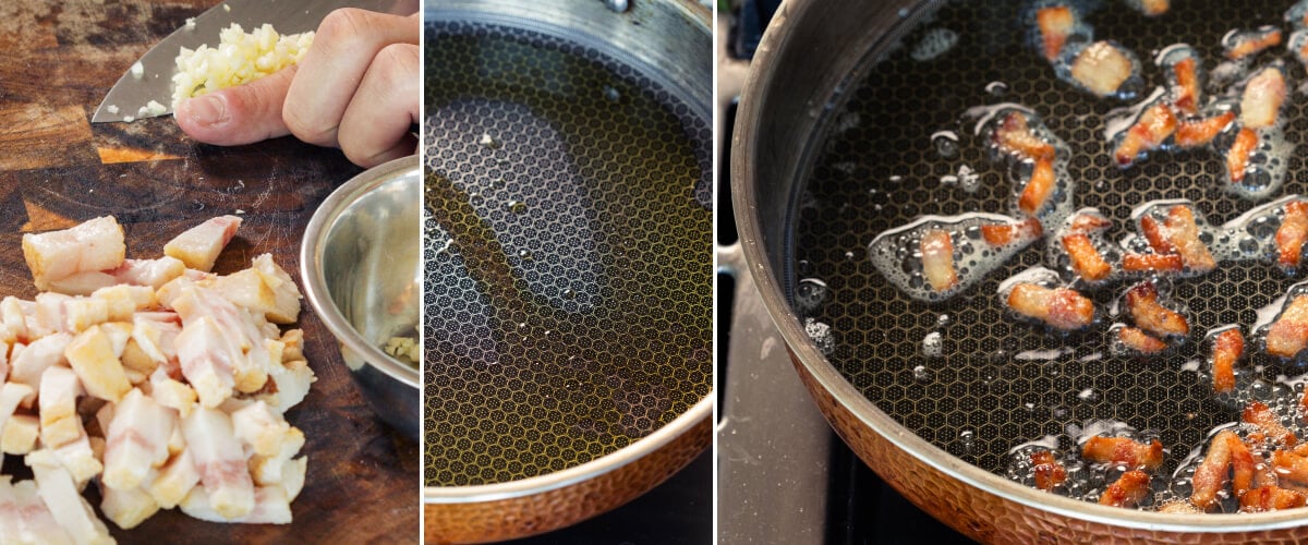 Gewürfelte Pancetta brät in der Pfanne mit infundierter Butter oder Olivenöl, zweiter Schritt für eine Cannabis-Carbonara