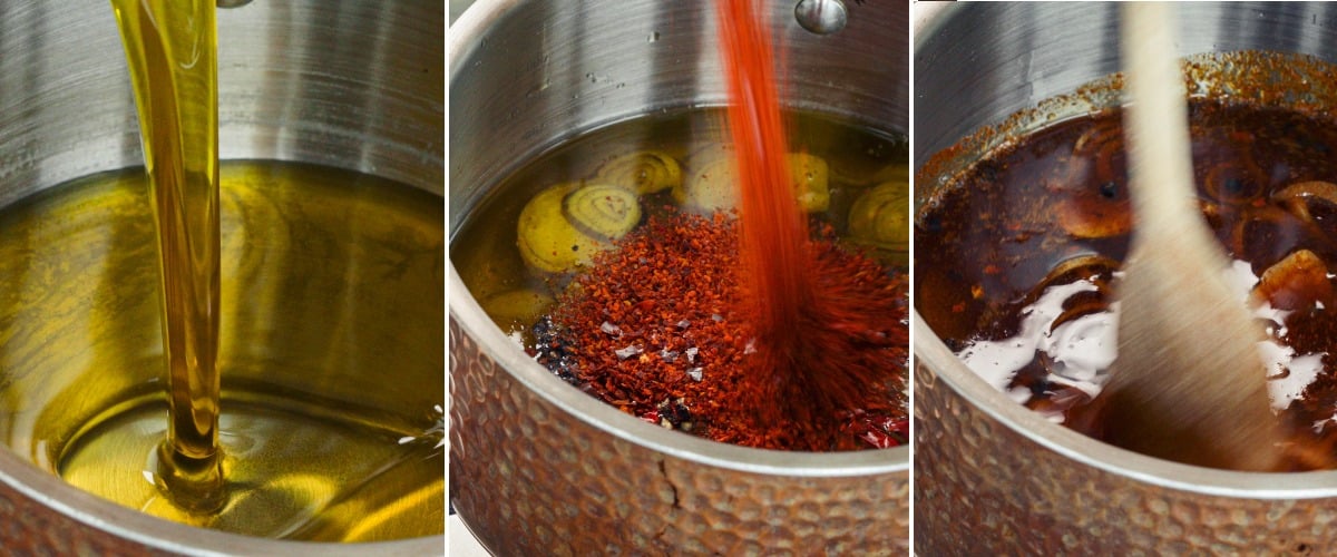 Paso 2: Calentar el Aceite e Infusionar con Cannabis y Chile Calentando aceite de oliva y añadiendo copos de chile, aromáticos y cannabis descarboxilado en una cacerola para infusionar aceite de chile con cannabis