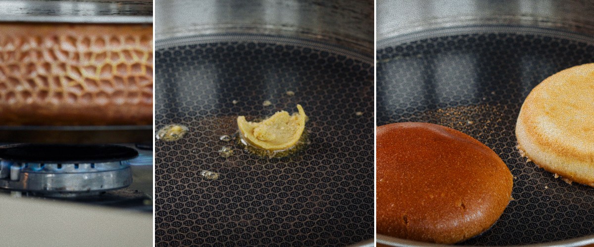 Infusionando los panes de hamburguesa tostándolos en mantequilla de cannabis en una sartén, segundo paso para preparar una hamburguesa con cannabis