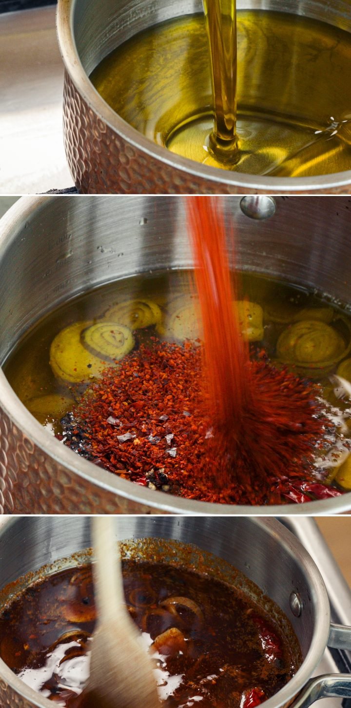 Paso 2: Calentar el Aceite e Infusionar con Cannabis y Chile Calentando aceite de oliva y añadiendo copos de chile, aromáticos y cannabis descarboxilado en una cacerola para infusionar aceite de chile con cannabis