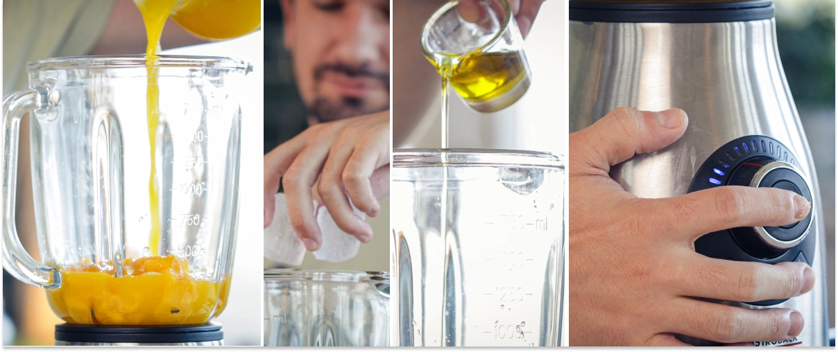 Añadiendo mango troceado, menta, cubitos de hielo, aceite MCT de cannabis y lecitina en el vaso de la batidora antes de mezclar.