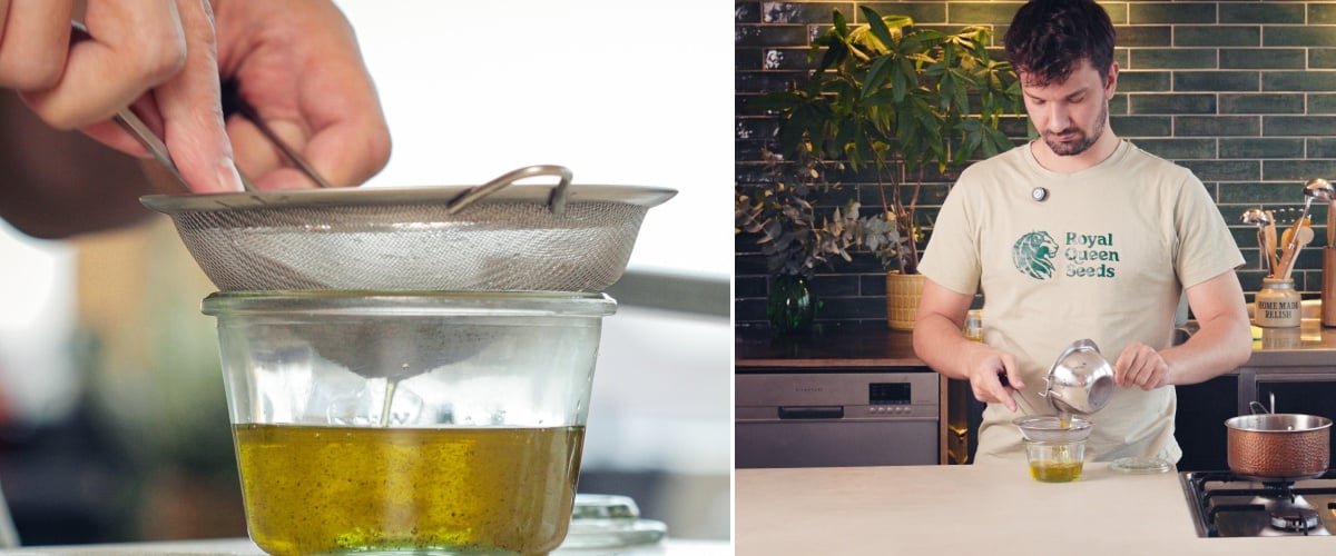 Paso 3: Filtrar el Aceite MCT con Cannabis Filtrando aceite MCT infusionado con cannabis a través de un colador fino en un frasco de vidrio, paso final del proceso de infusión